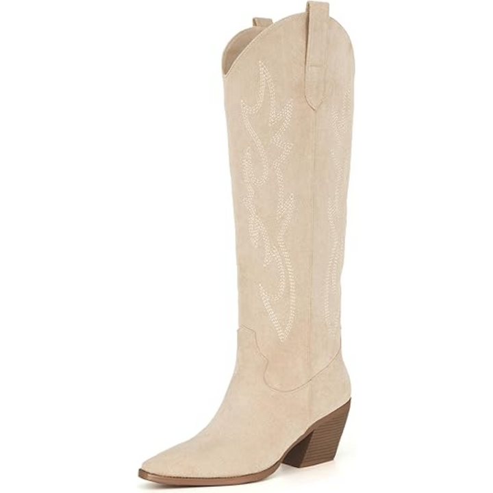 Knee-high Embroidered Suede & Faux Leather Cowboy Boots - Mary-Beige-3.0-Nora Luxe