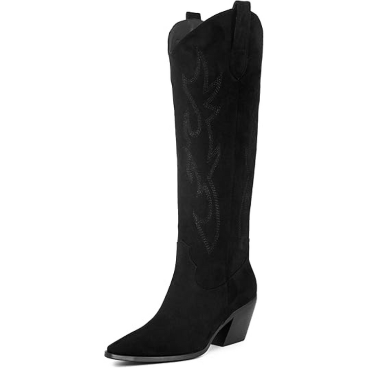 Knee-high Embroidered Suede & Faux Leather Cowboy Boots - Mary-Black-3.0-Nora Luxe