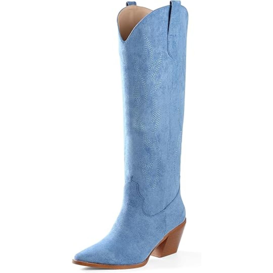 Knee-high Embroidered Suede & Faux Leather Cowboy Boots - Mary-Blue-3.0-Nora Luxe