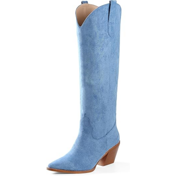 Knee-high Embroidered Suede & Faux Leather Cowboy Boots - Mary-Blue-3.0-Nora Luxe