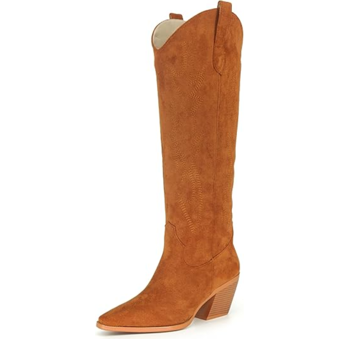 Knee-high Embroidered Suede & Faux Leather Cowboy Boots - Mary-Brown-3.0-Nora Luxe