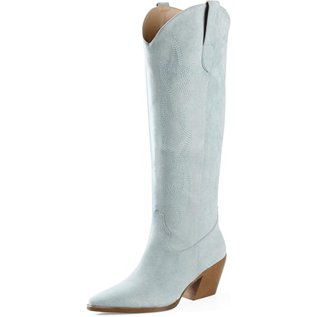 Knee-high Embroidered Suede & Faux Leather Cowboy Boots - Mary-Light Blue-3.0-Nora Luxe