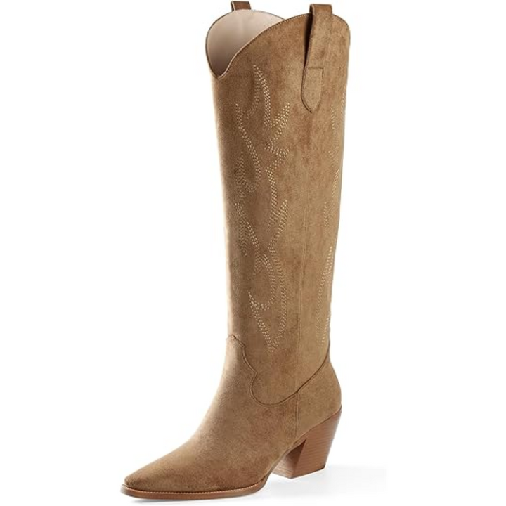 Knee-high Embroidered Suede & Faux Leather Cowboy Boots - Mary-Light Brown-3.0-Nora Luxe