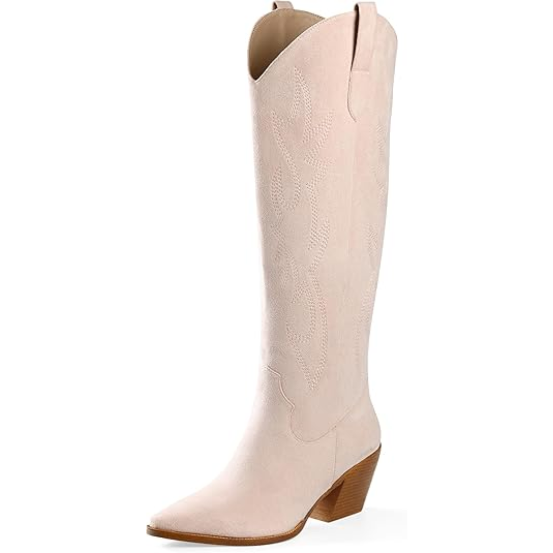 Knee-high Embroidered Suede & Faux Leather Cowboy Boots - Mary-Pink-3.0-Nora Luxe