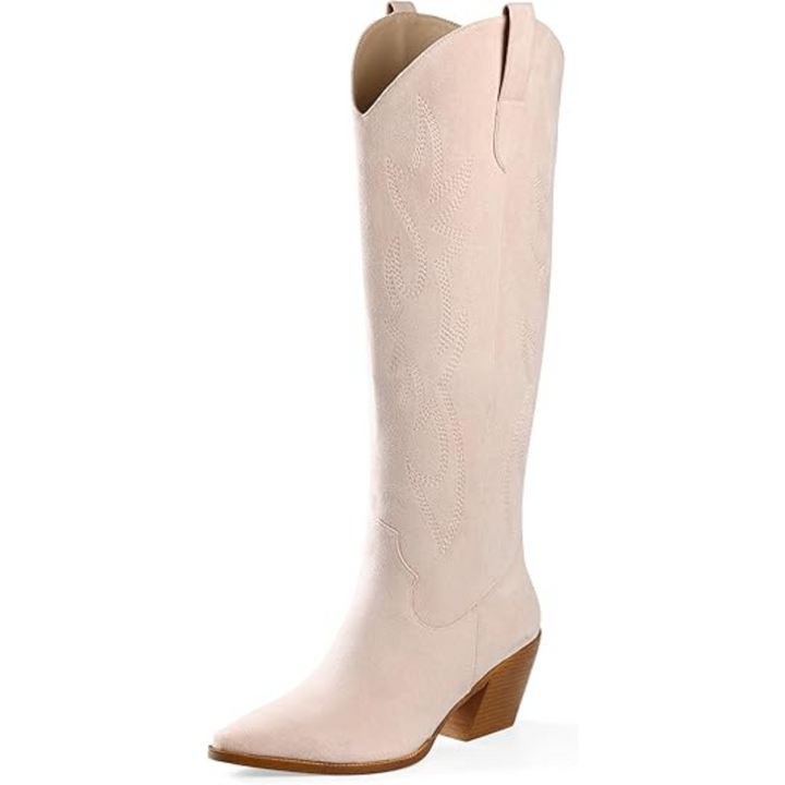Knee-high Embroidered Suede & Faux Leather Cowboy Boots - Mary-Pink-3.0-Nora Luxe