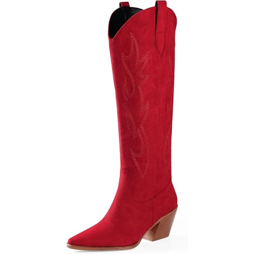 Knee-high Embroidered Suede & Faux Leather Cowboy Boots - Mary-Red-3.0-Nora Luxe