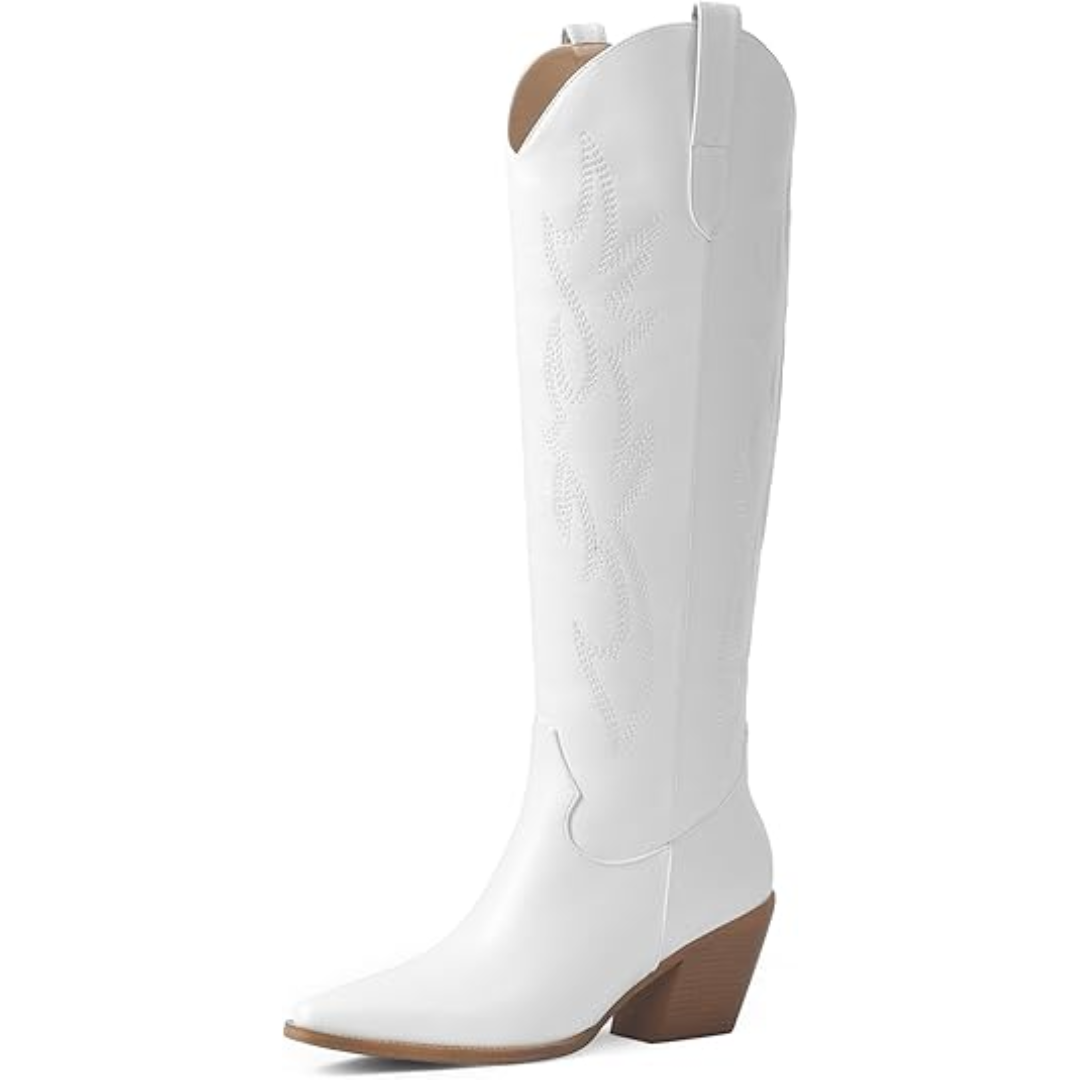 Knee-high Embroidered Suede & Faux Leather Cowboy Boots - Mary-White PU-3.0-Nora Luxe