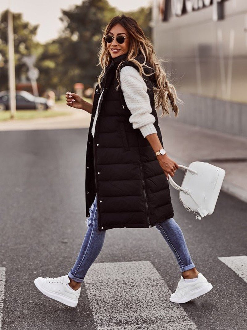 Knee-Length Padded Ladies Bodywarmer - Aurora-Black-S (2-4)-Nora Luxe