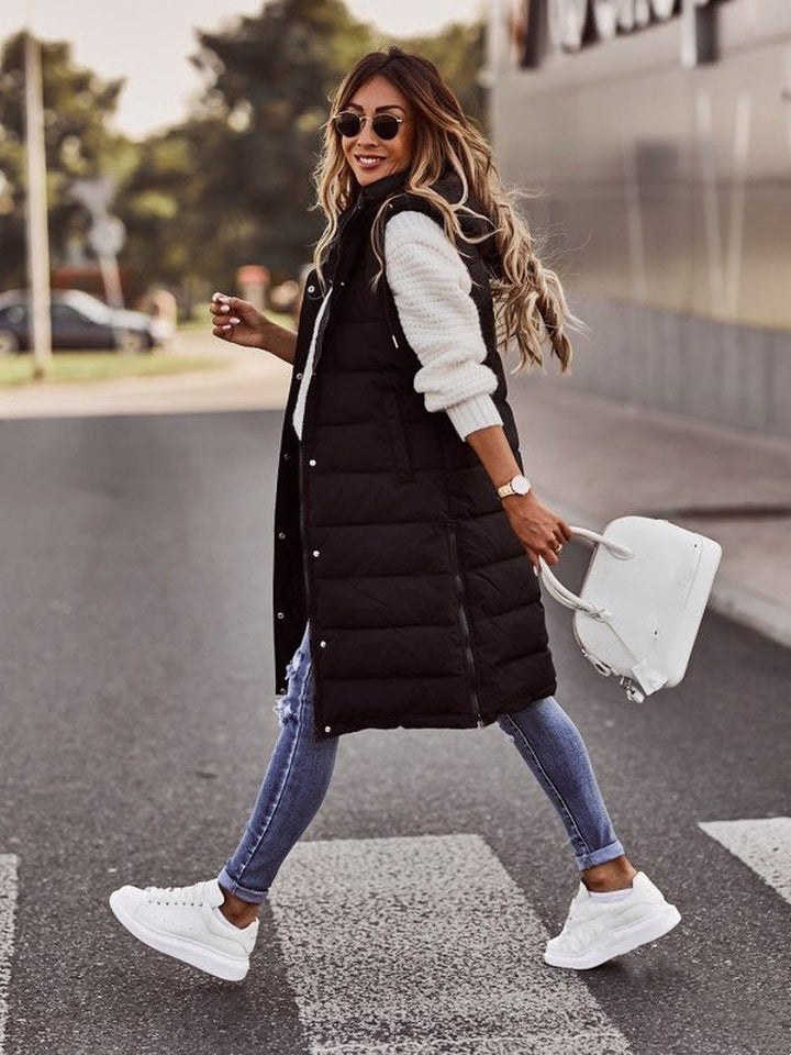 Knee-Length Padded Ladies Bodywarmer - Aurora-Black-S (2-4)-Nora Luxe