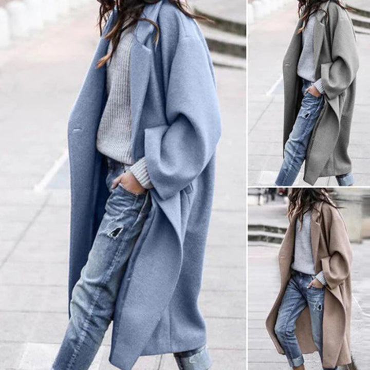 Knee-length Winter Coat with Large Collar for Ladies - Mira-Blue-S-Nora Luxe