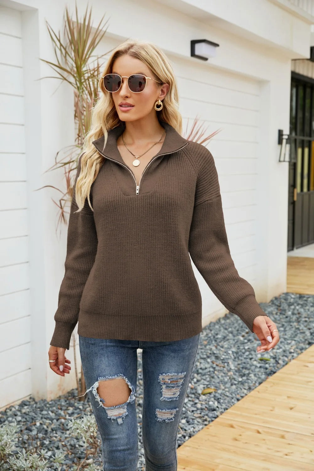 Knit Half-Zip Sweater - Sienna-Camel-S-Nora Luxe