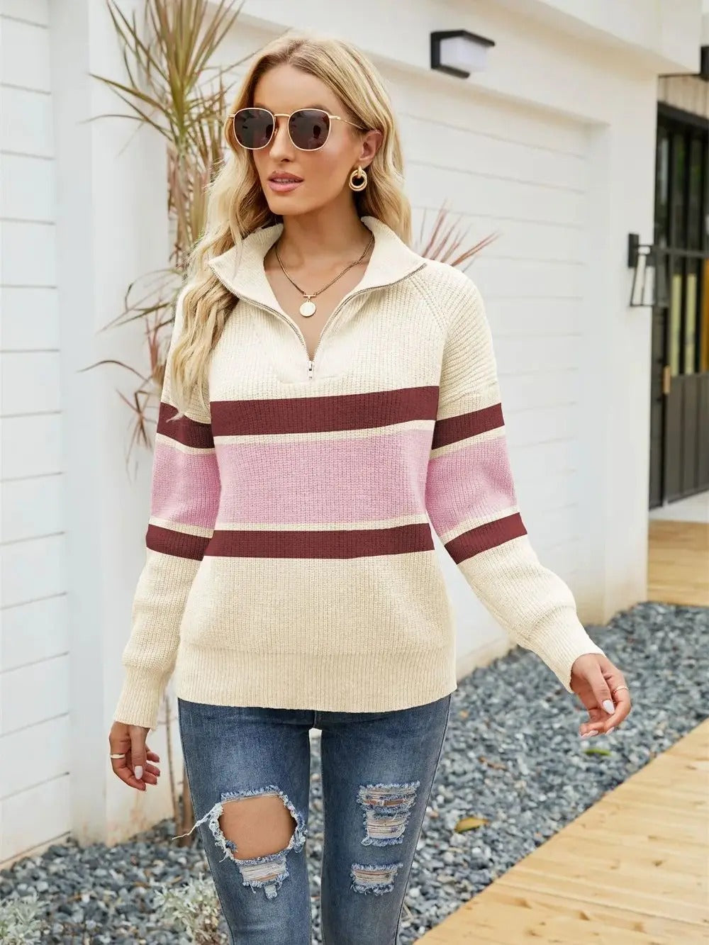 Knit Half-Zip Sweater - Sienna-Cream White-S-Nora Luxe