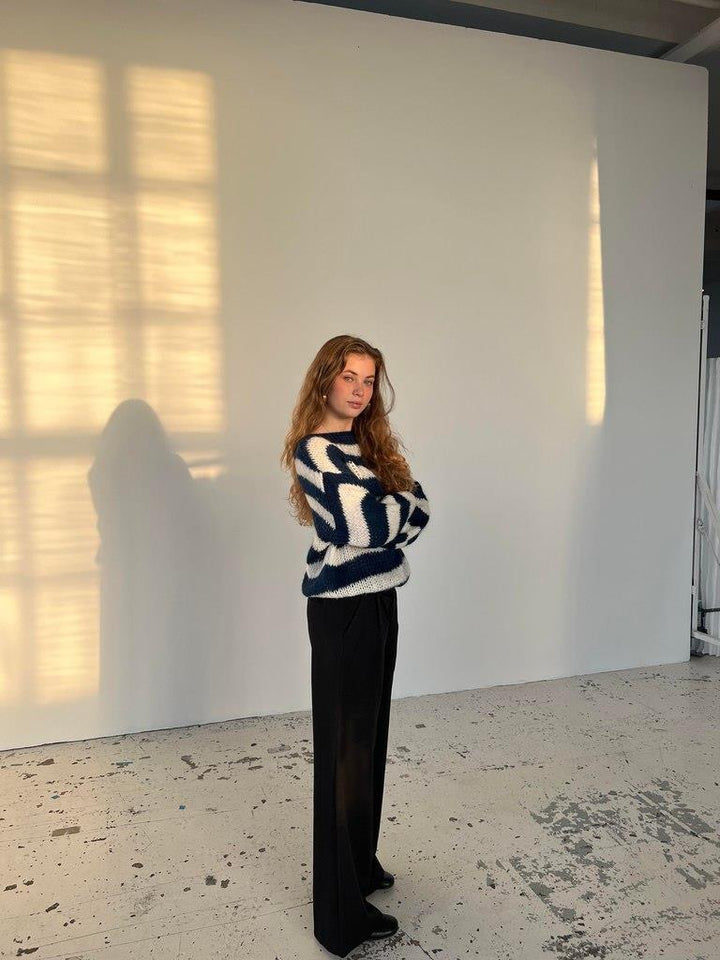 Knitted and Striped Oversized Women's Sweater - Harper-Blue and White-XS/S-Nora Luxe