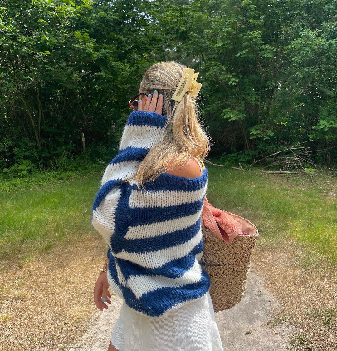 Knitted and Striped Oversized Women's Sweater - Harper-Blue and White-XS/S-Nora Luxe