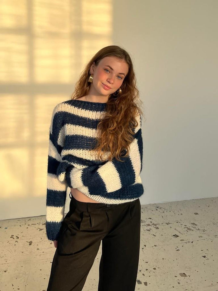 Knitted and Striped Oversized Women's Sweater - Harper-Blue and White-XS/S-Nora Luxe