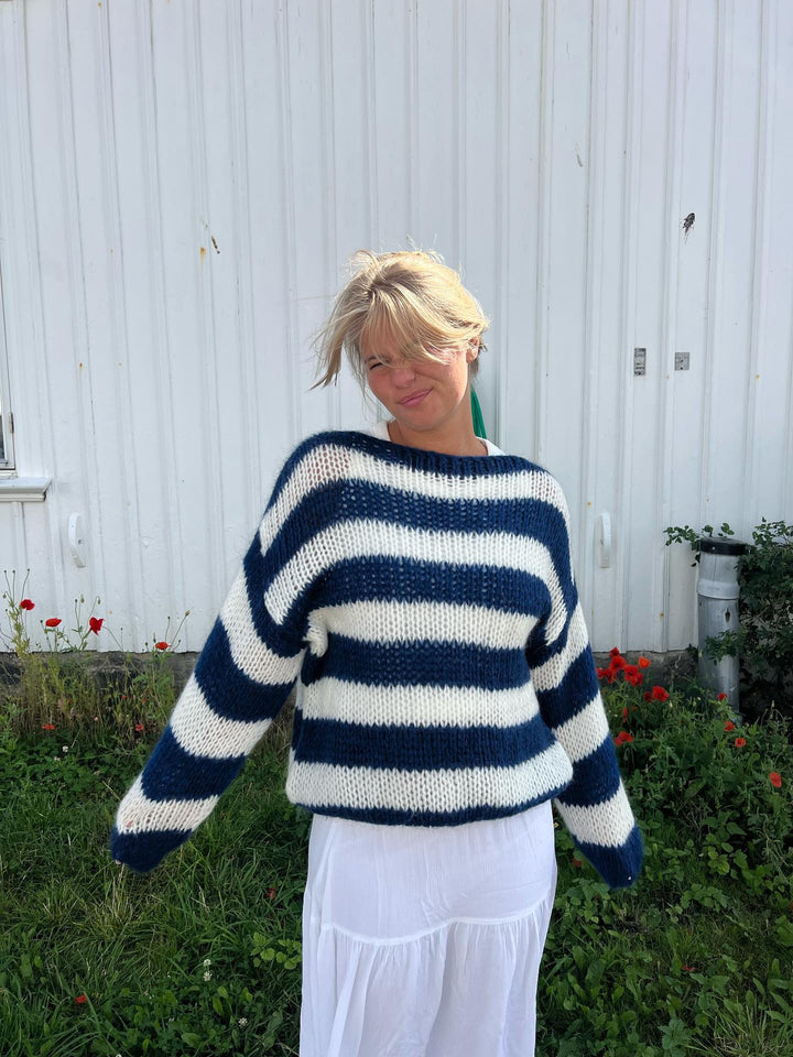 Knitted and Striped Oversized Women's Sweater - Harper-Blue and White-XS/S-Nora Luxe