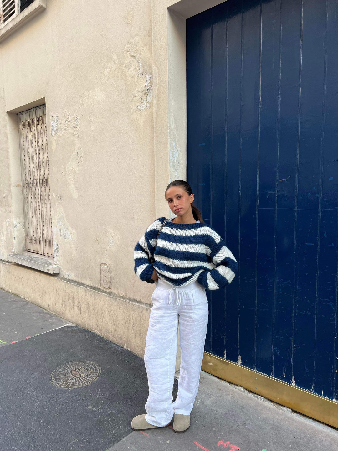 Knitted and Striped Oversized Women's Sweater - Harper-Blue and White-XS/S-Nora Luxe