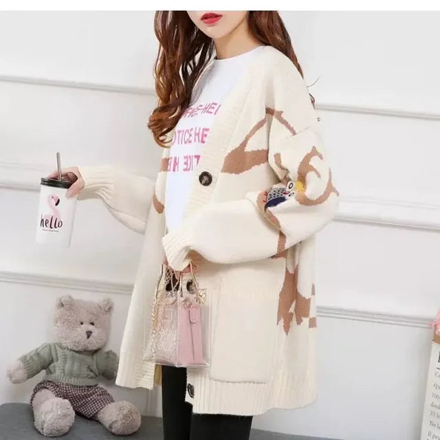 Knitted Cardigan with Playful Print and Button Closure - Nova-Beige-XS-Nora Luxe