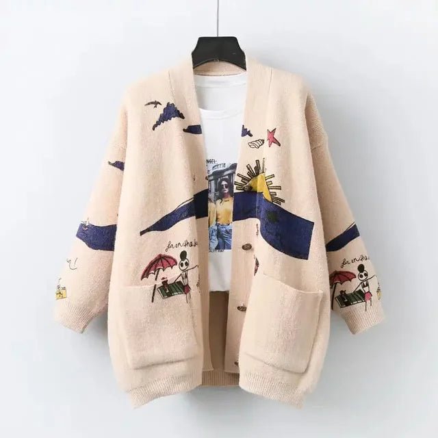 Knitted Cardigan with Playful Print and Button Closure - Nova-Blue-XS-Nora Luxe