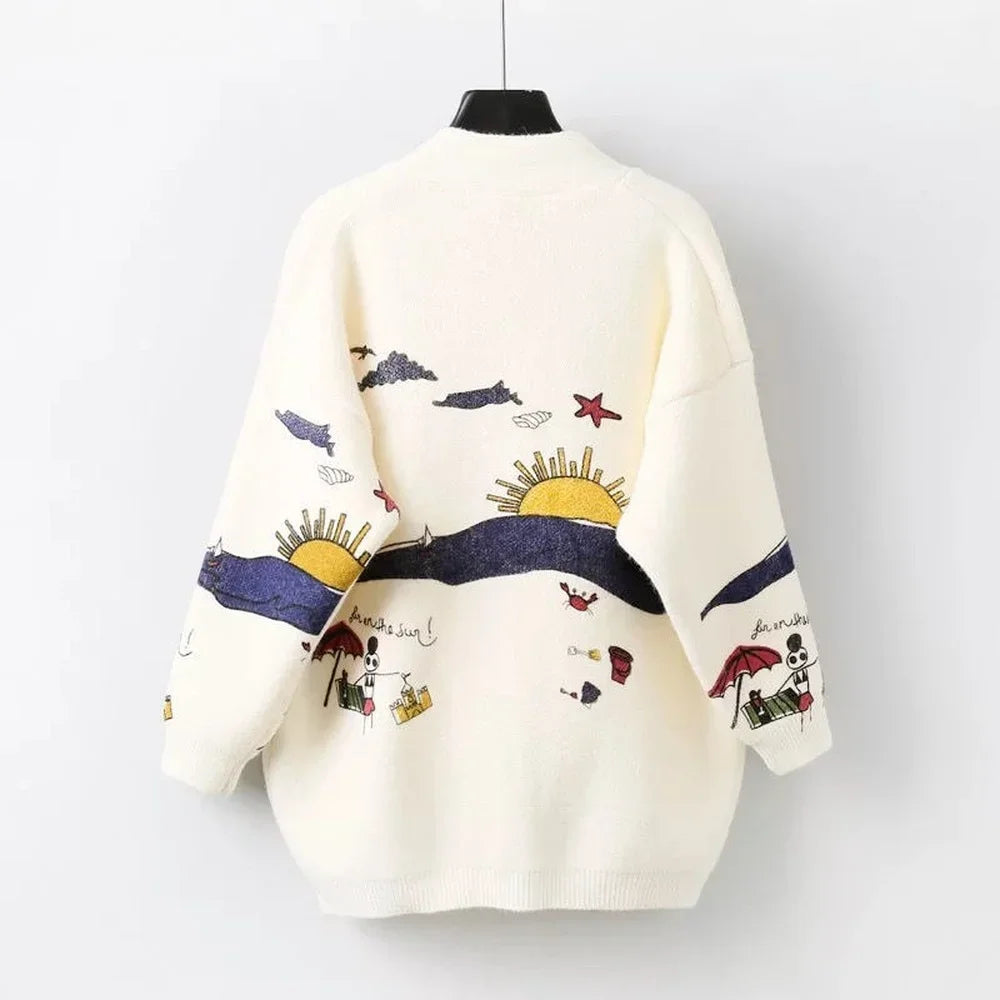 Knitted Cardigan with Playful Print and Button Closure - Nova-Blue-XS-Nora Luxe