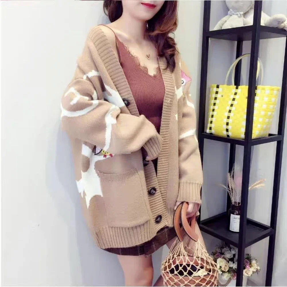 Knitted Cardigan with Playful Print and Button Closure - Nova-Khaki-XS-Nora Luxe