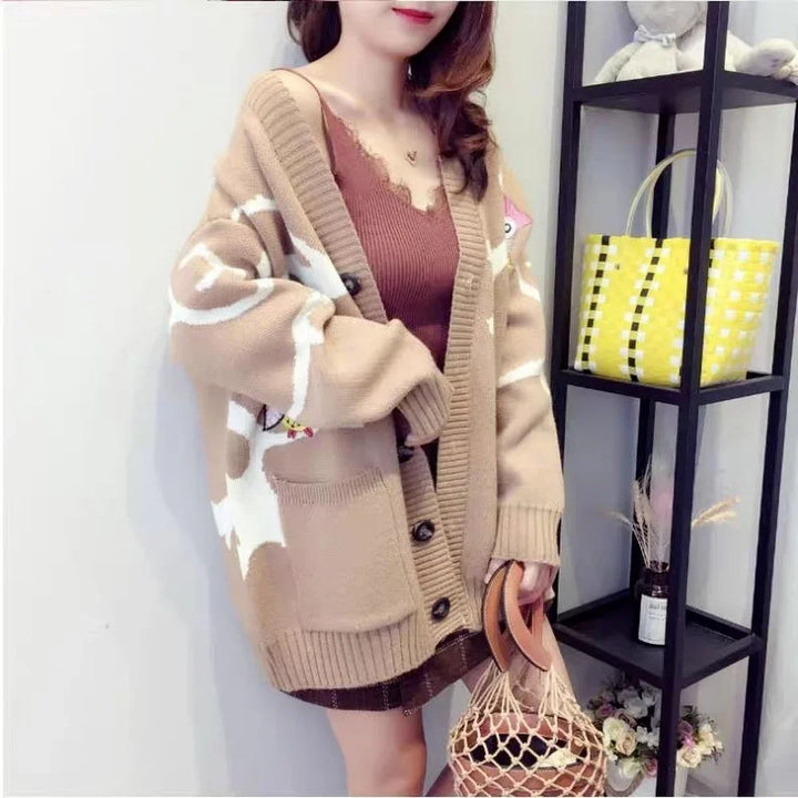 Knitted Cardigan with Playful Print and Button Closure - Nova-Khaki-XS-Nora Luxe