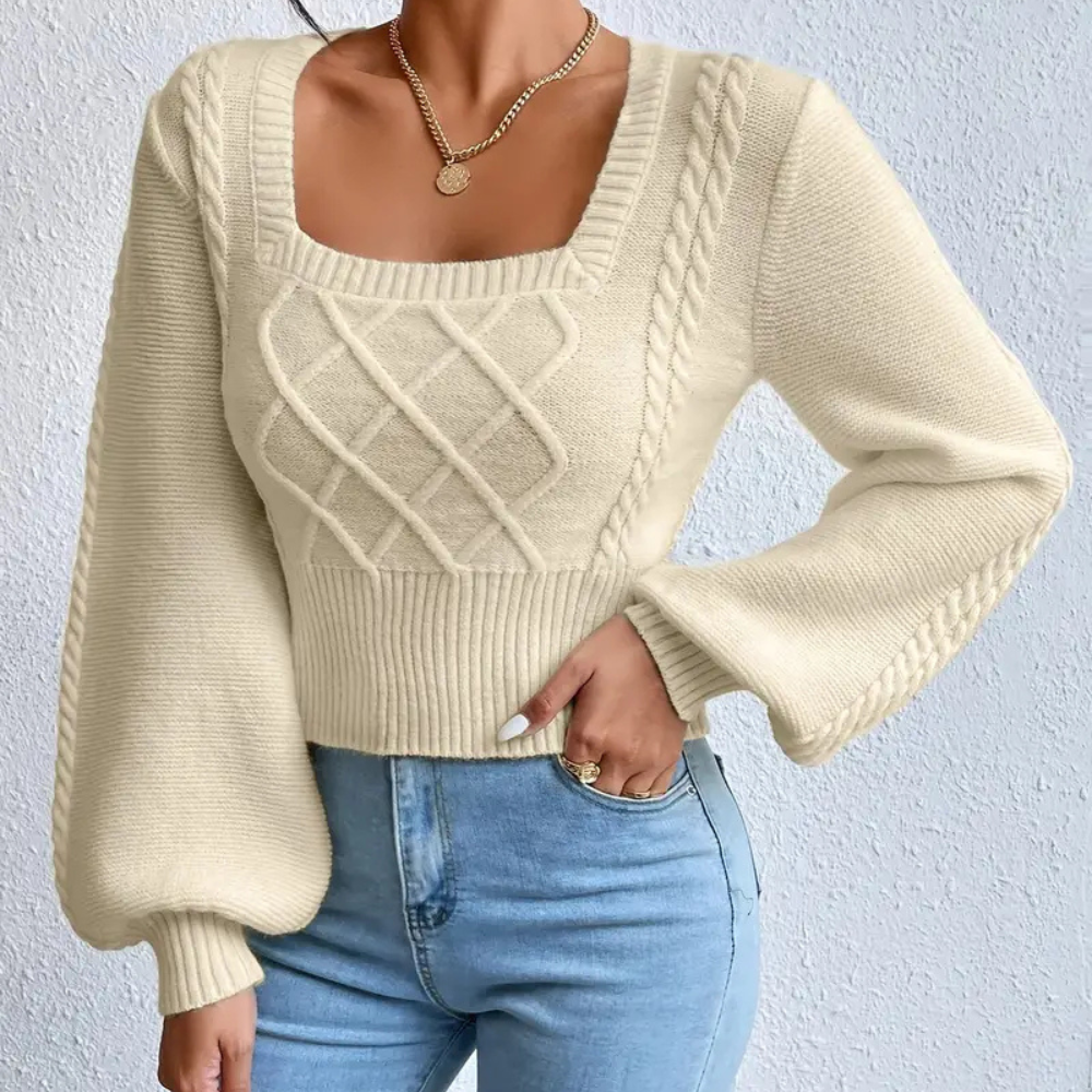 Knitted Ladies' Sweater with Square Neckline - Sienna-XS-Nora Luxe