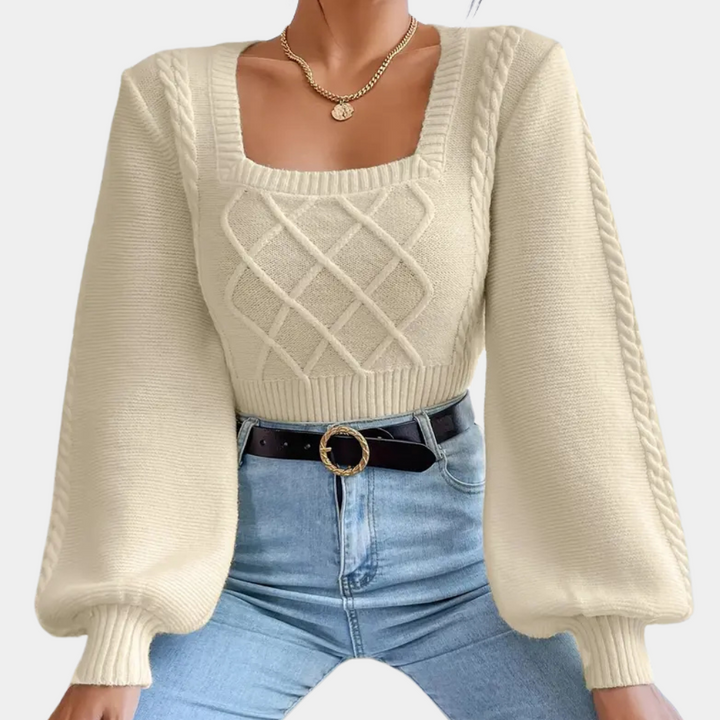 Knitted Ladies' Sweater with Square Neckline - Sienna-XS-Nora Luxe