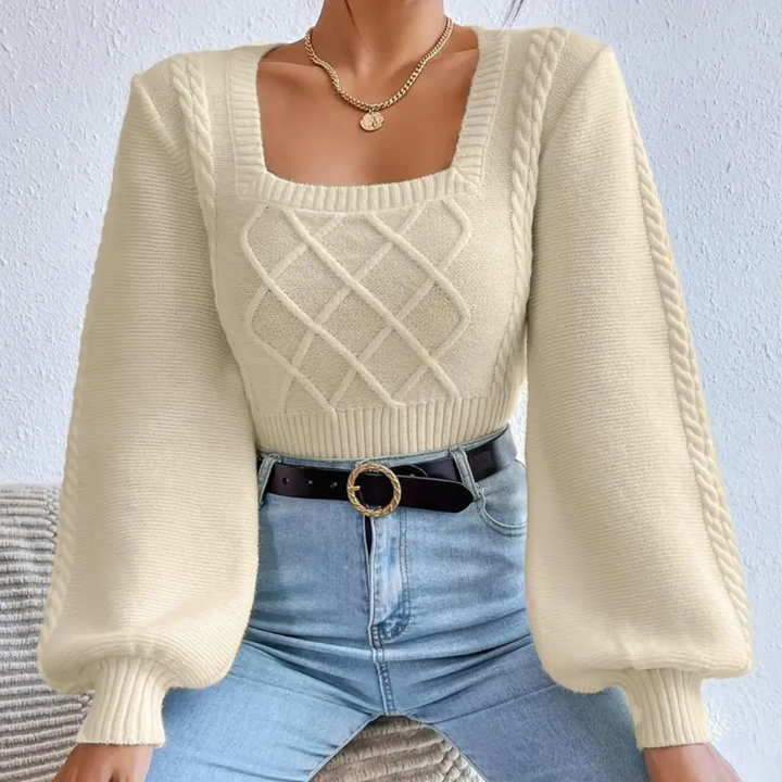 Knitted Ladies' Sweater with Square Neckline - Sienna-XS-Nora Luxe