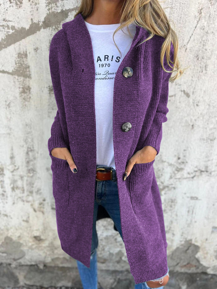 Knitted Long Women's Cardigan with Hood - Liv-Purple-S-Nora Luxe