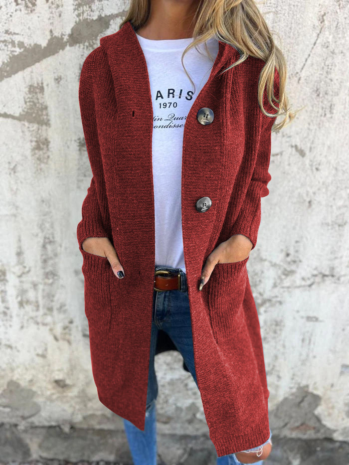 Knitted Long Women's Cardigan with Hood - Liv-Red-S-Nora Luxe
