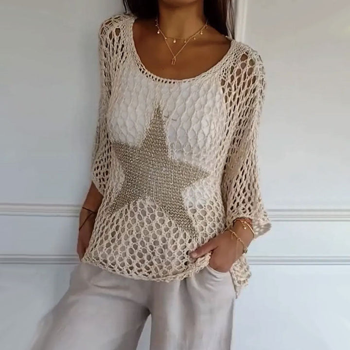 Knitted net top with round neck & crochet pattern - Noelle-White-M-Nora Luxe
