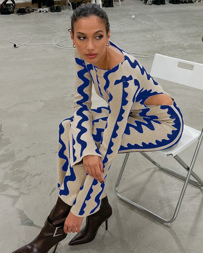 Knitted Summer Dress with Wave Pattern – Mirae-Blue-S-State of Style