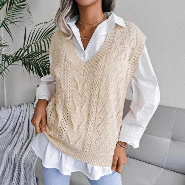 Knitted Sweater Vest with V-Neck for Women - Isabelle-Apricot-XS-Nora Luxe