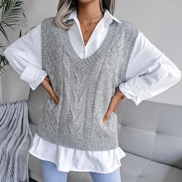 Knitted Sweater Vest with V-Neck for Women - Isabelle-Blue-XS-Nora Luxe