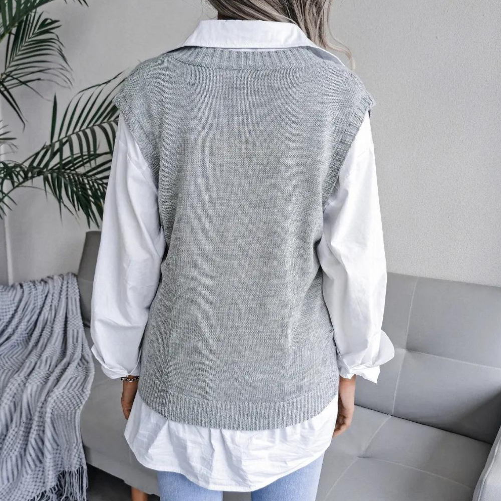Knitted Sweater Vest with V-Neck for Women - Isabelle-Blue-XS-Nora Luxe