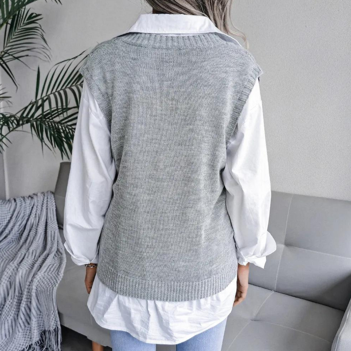 Knitted Sweater Vest with V-Neck for Women - Isabelle-Blue-XS-Nora Luxe