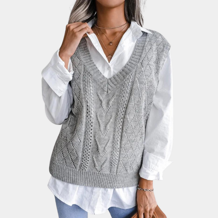 Knitted Sweater Vest with V-Neck for Women - Isabelle-Blue-XS-Nora Luxe