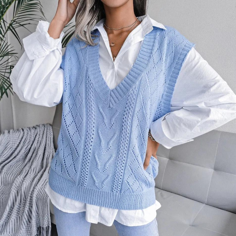 Knitted Sweater Vest with V-Neck for Women - Isabelle-Blue-XS-Nora Luxe