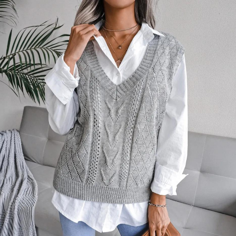 Knitted Sweater Vest with V-Neck for Women - Isabelle-Gray-XS-Nora Luxe
