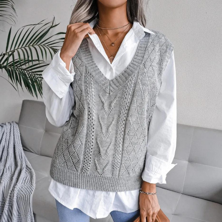 Knitted Sweater Vest with V-Neck for Women - Isabelle-Gray-XS-Nora Luxe