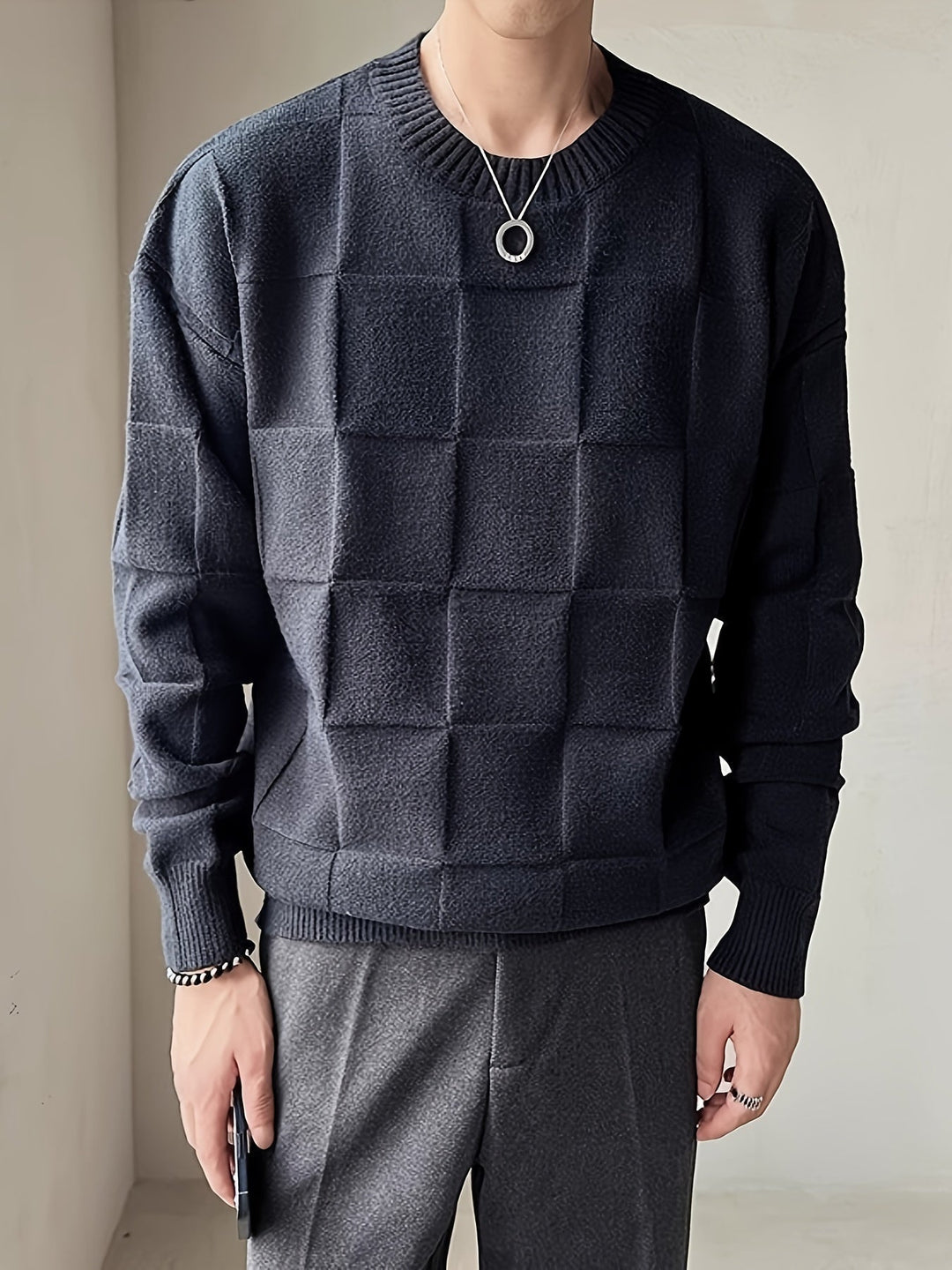 Knitted Sweater with Round Neck and Stretch - Caleb-White-M-Nora Luxe