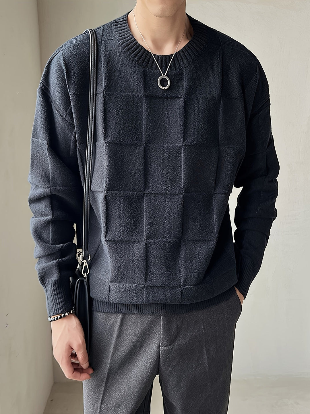 Knitted Sweater with Round Neck and Stretch - Caleb-White-M-Nora Luxe