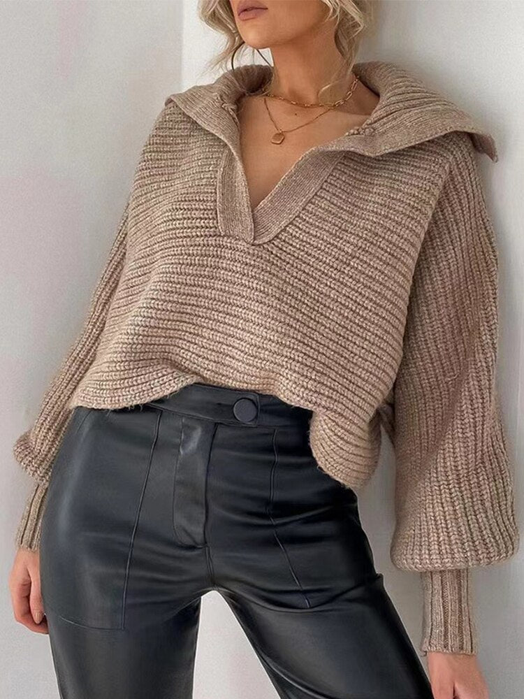 Knitted V-Neck Sweater - Isolde-Khaki-S-Nora Luxe