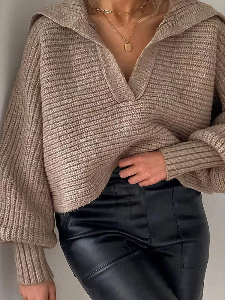 Knitted V-Neck Sweater - Isolde-Khaki-S-Nora Luxe