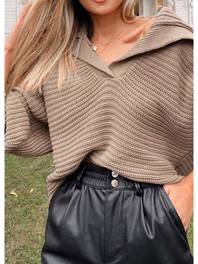 Knitted V-Neck Sweater - Isolde-Khaki-S-Nora Luxe