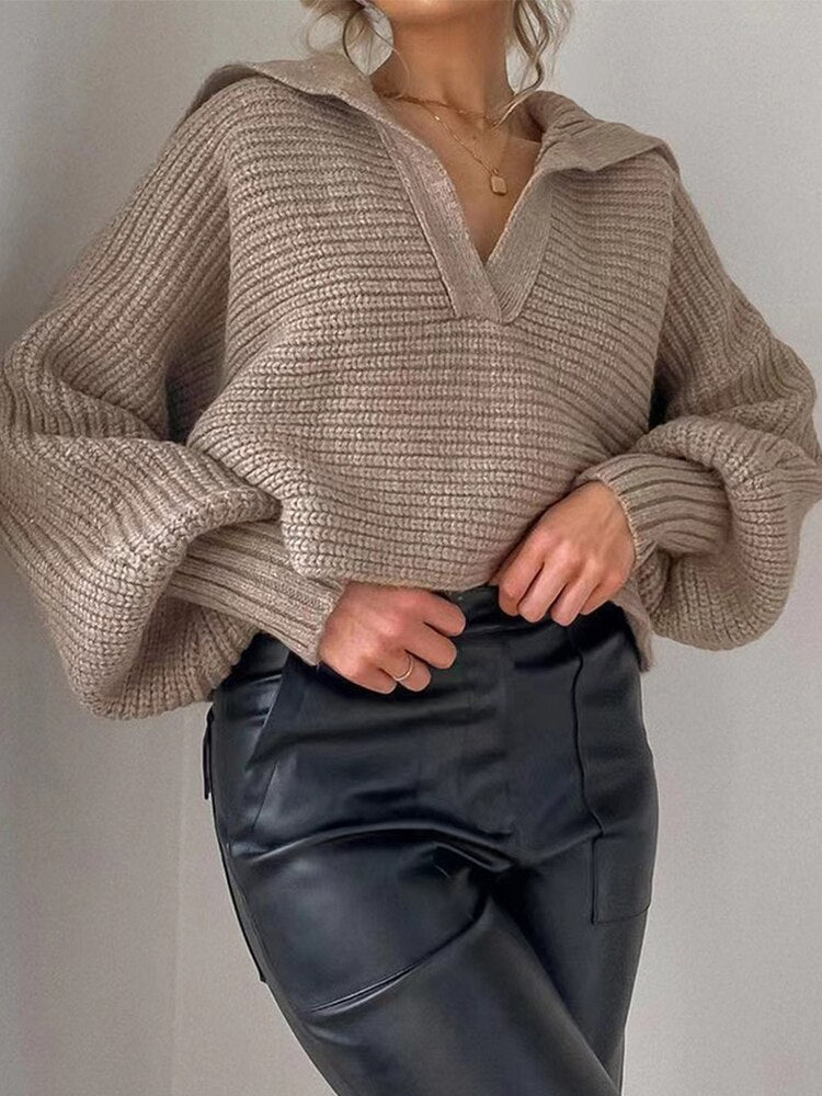 Knitted V-Neck Sweater - Isolde-Khaki-S-Nora Luxe