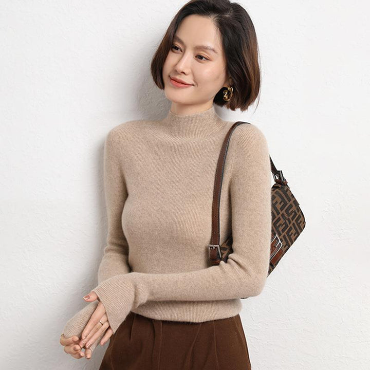 Knitted Women's Sweater with Half Polo - Sophie-Light Brown-S-Nora Luxe