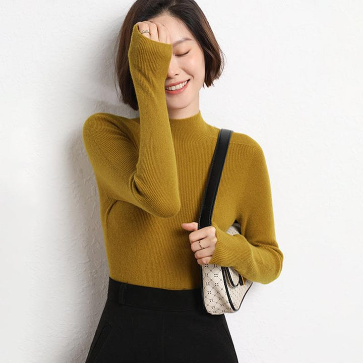 Knitted Women's Sweater with Half Polo - Sophie-Ochre Yellow-S-Nora Luxe