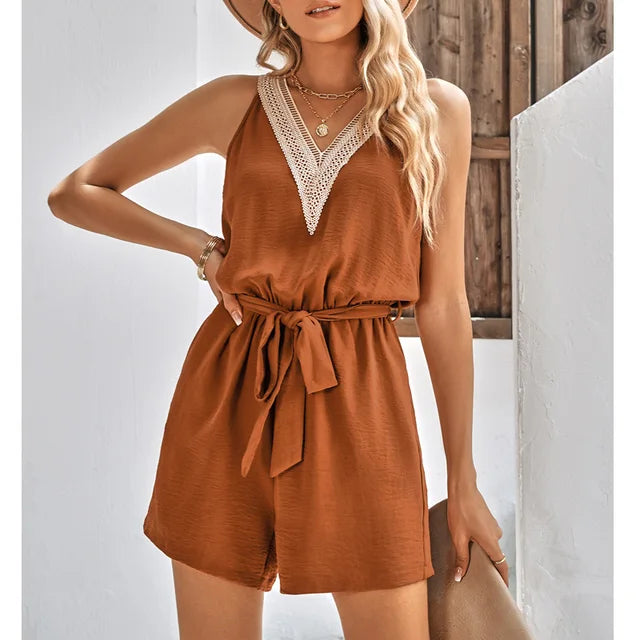 Lace Summer Jumpsuit with V-Neck and Shorts – Sorelle-Brown-S-State of Style